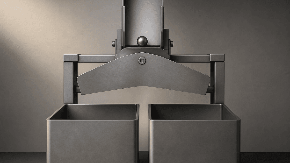 Mechanische Sortierweiche aus mattem Metall ueber zwei streng getrennten Auffangbehaeltern