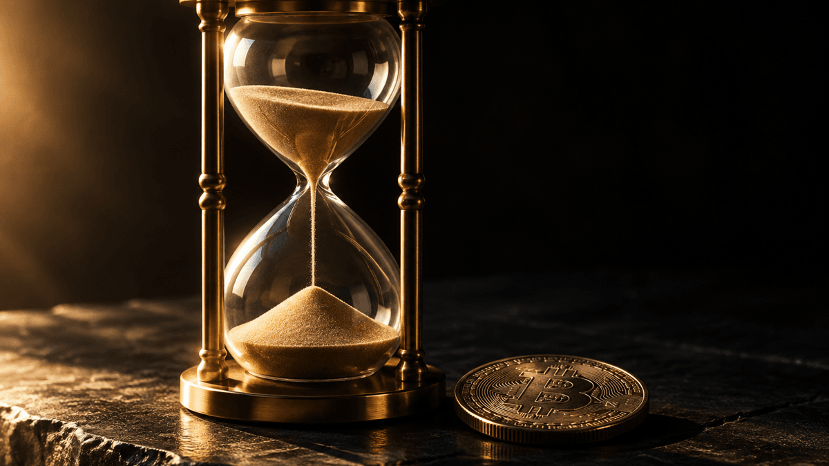 Large hourglass of brass and glass on a dark stone slab, the sand still running, a metal coin bearing a Bitcoin symbol lying beside it