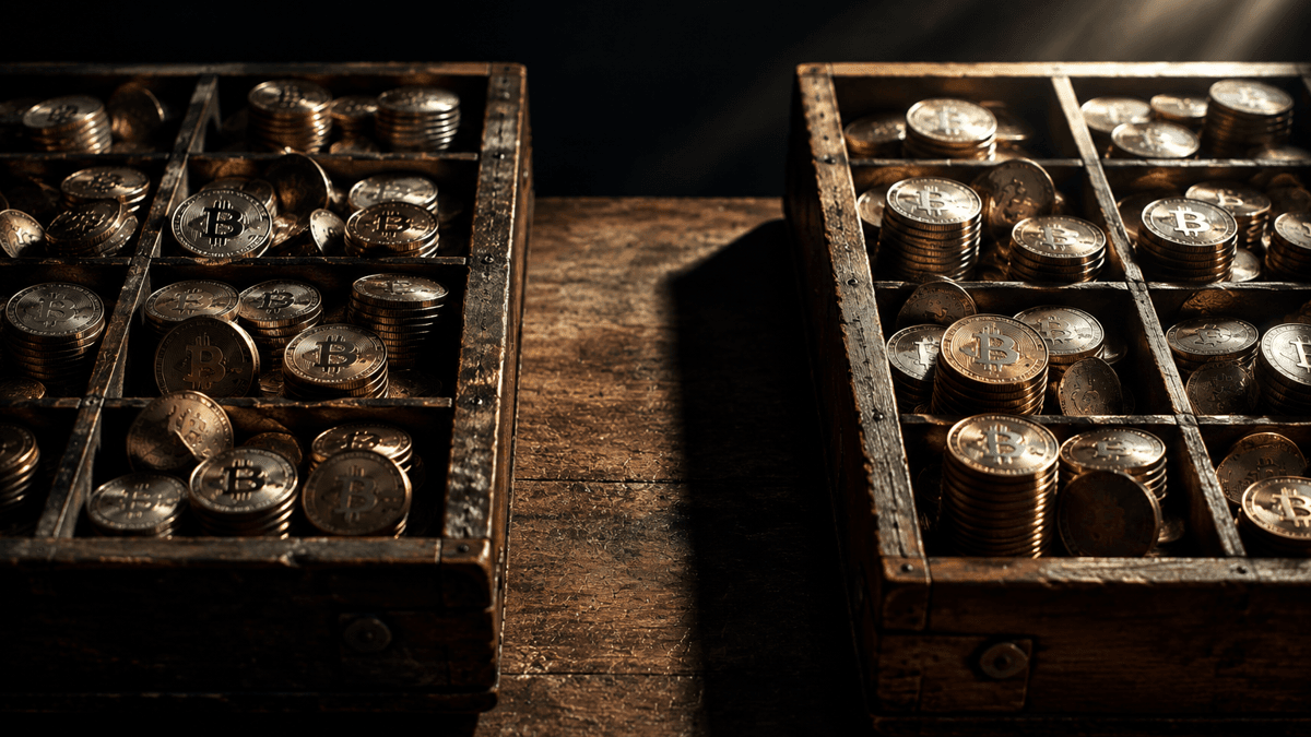 Two separate dark wooden type cases on a workbench, both filled with stacked coins bearing Bitcoin symbols, an empty gap between them