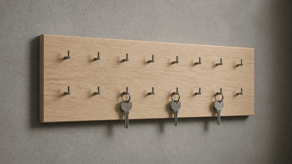 Schluesselbrett aus hellem Holz mit vielen leeren Haken, an denen nur noch drei Metallschluessel haengen