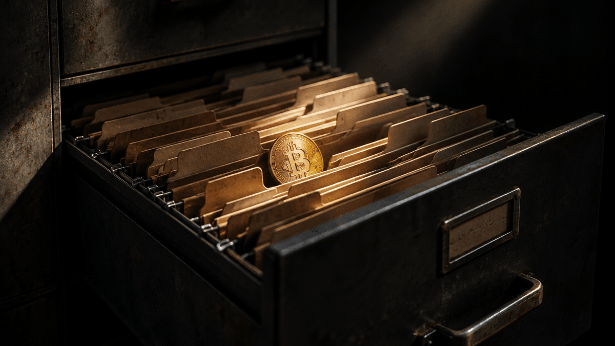 Herausgezogene Schublade eines Stahl-Aktenschranks voller unbeschrifteter Hängeregister, dazwischen eine einzelne Goldmünze mit Bitcoin-Prägung im Lichtstrahl