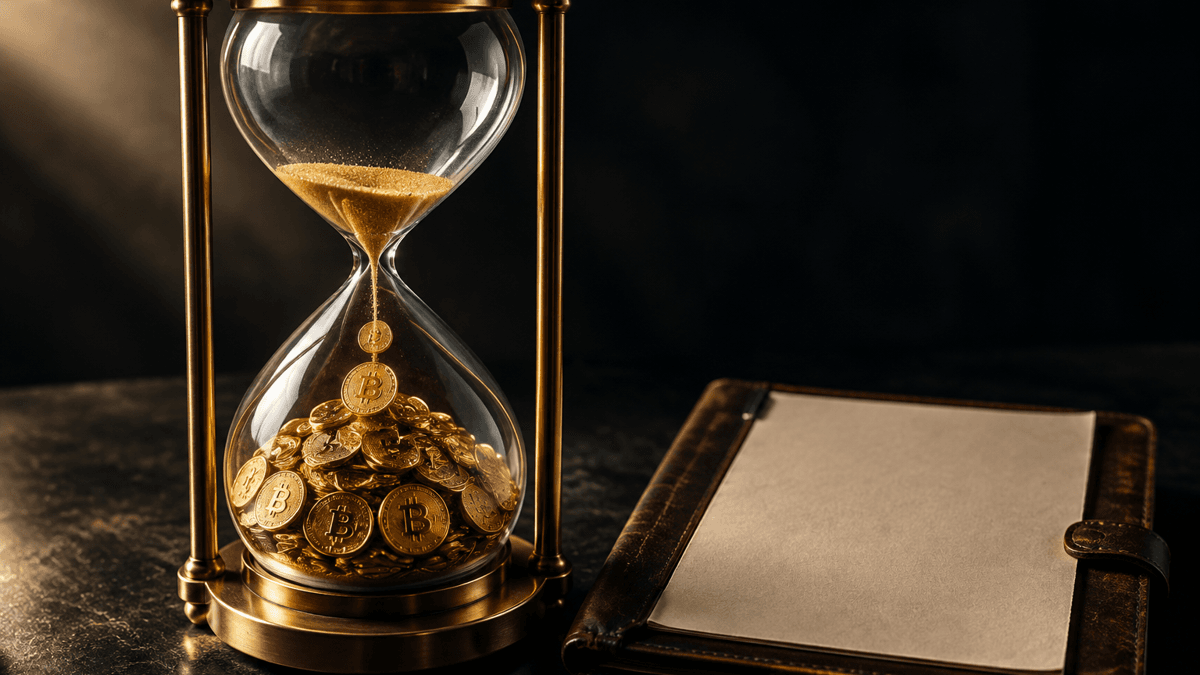 Glas-Messing-Sanduhr, in deren unterer Kammer statt Sand winzige Goldmünzen mit Bitcoin-Prägung zusammenfallen, daneben ein leeres Kalenderblatt
