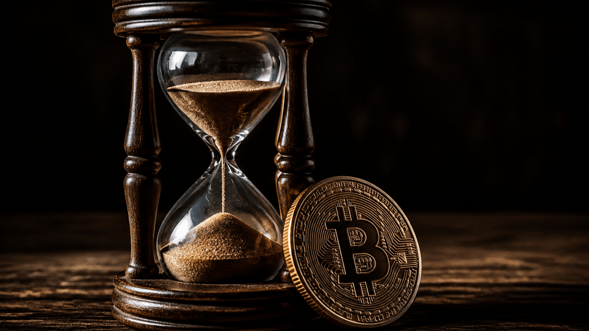 Gläserne Sanduhr in schwerem Holzrahmen mit rieselndem Sand, daneben eine angelehnte Münze mit eingeprägtem Bitcoin-Symbol