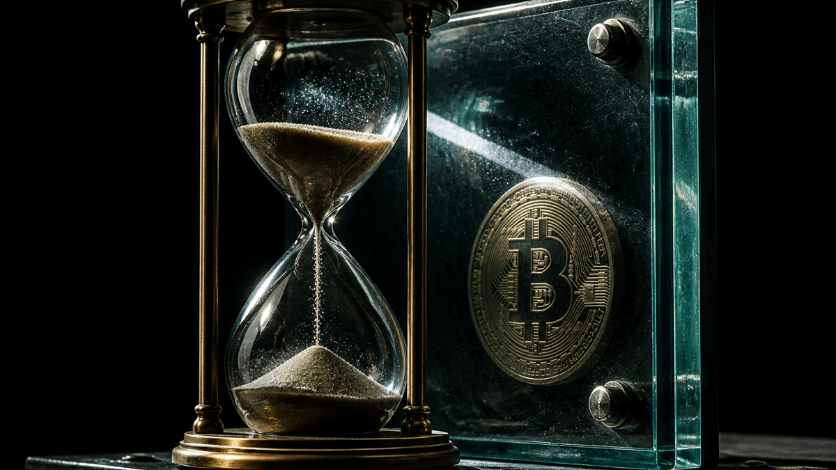 Messing-Sanduhr auf einer Stahlplatte, dahinter eine Bitcoin-Münze hinter einer dicken Panzerglasscheibe
