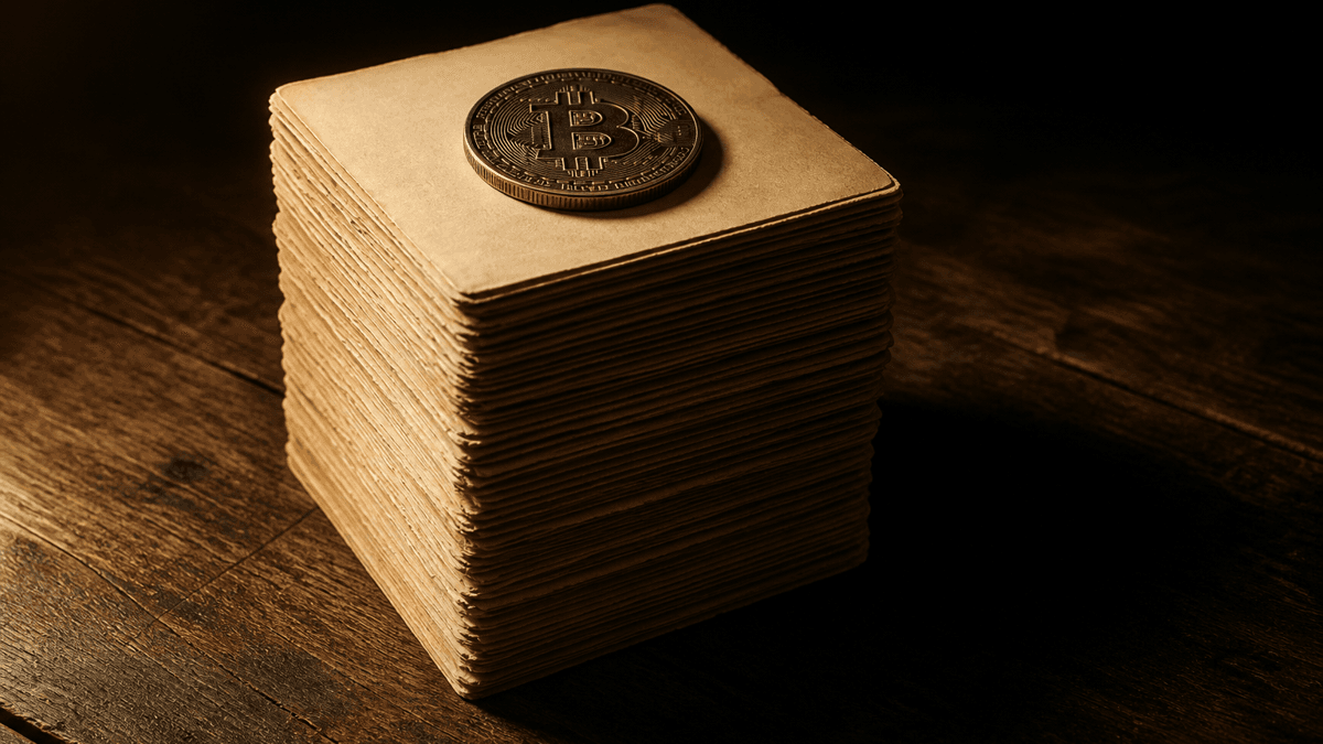 Hoher Stapel leerer Papierbögen auf einem dunklen Holztisch, obenauf eine Bitcoin-Münze als Briefbeschwerer