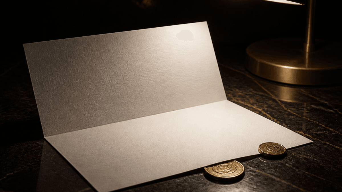 Leerer Prägedruck-Papierbogen unter einer Schreibtischlampe auf dunklem Marmor, darauf zwei Münzen, eine halb unter dem Papier