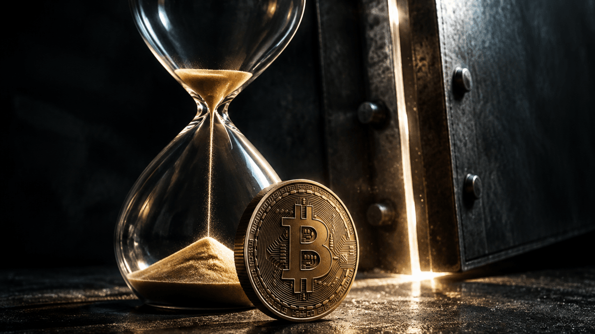Nearly emptied hourglass in front of an upright coin bearing the Bitcoin symbol, with a closing metal shutter behind it