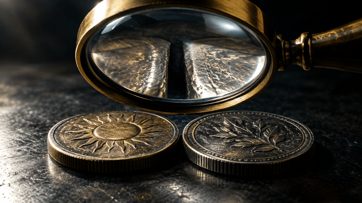 Large magnifying glass over two metal coins lying side by side, enlarging the narrow dark gap between them
