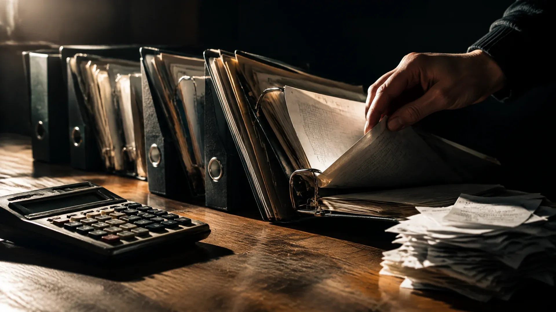 A row of opened ring binders on a kitchen table next to an old pocket calculator and a stack of paper receipts, a hand leafing through one binder