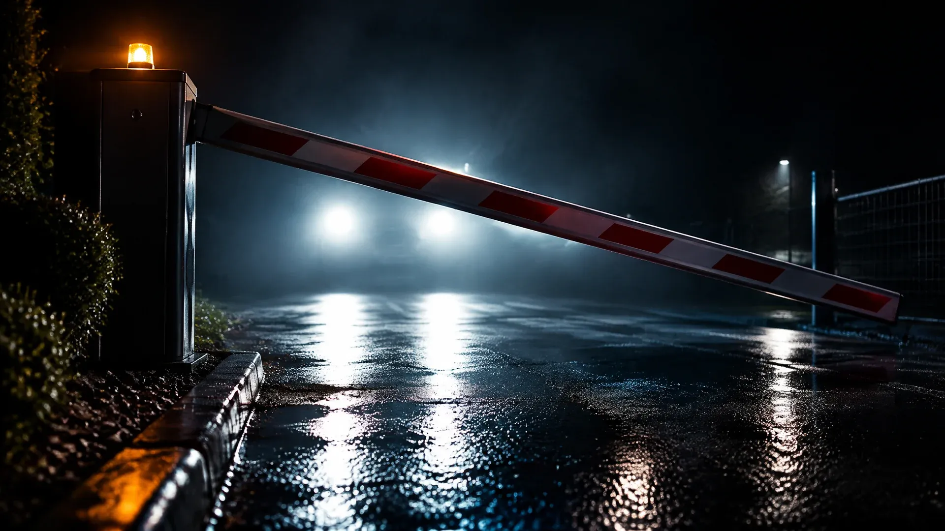 A barrier lowering at night across an empty access road, headlights backlit behind the barrier, wet asphalt