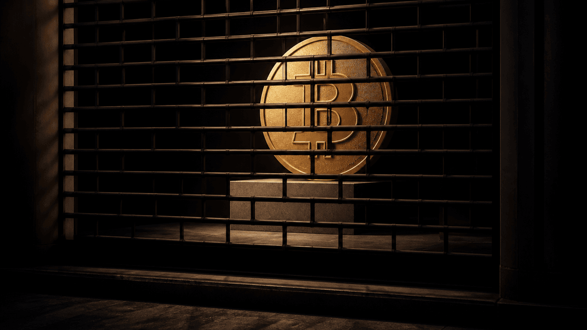 Hinter einem heruntergelassenen dunklen Rollgitter steht angestrahlt auf einem Steinsockel eine grosse Muenze mit eingepraegtem Bitcoin-Zeichen