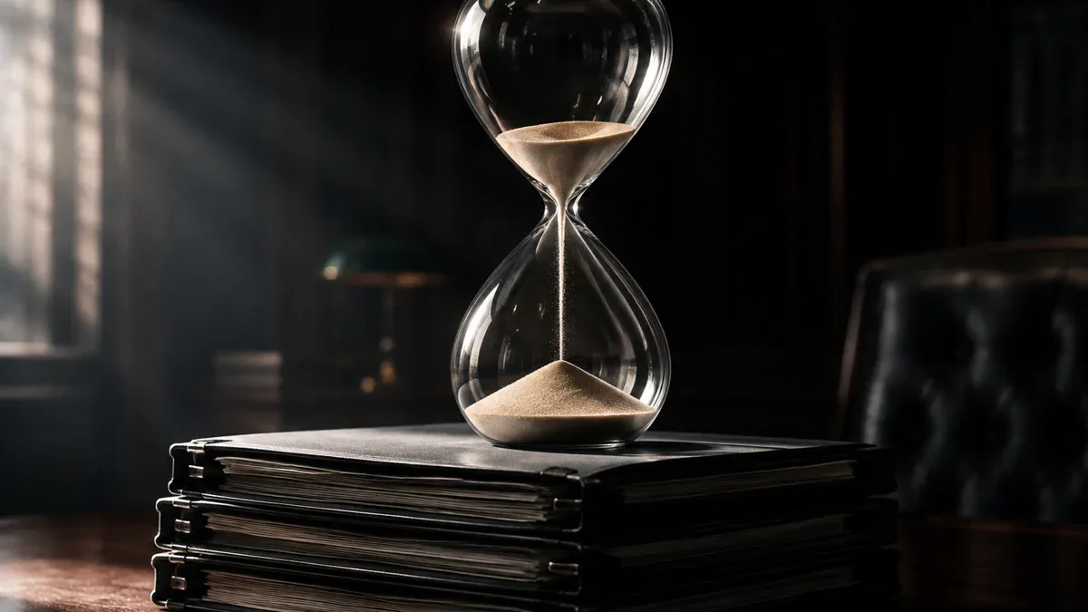 Gläserne Sanduhr mit fast durchgelaufenem Sand auf einem Stapel geschlossener Aktenmappen in dunklem Amtszimmer