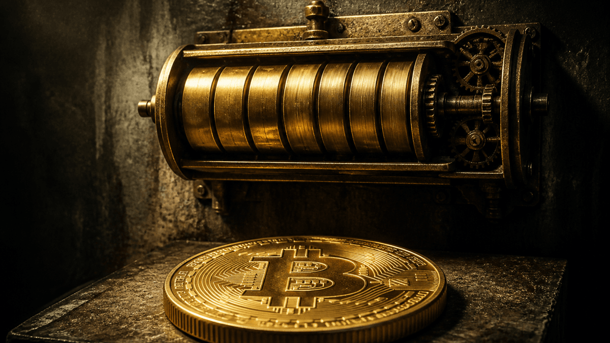 Mechanisches Messing-Zählwerk mit unbeschrifteten Walzen an einer Betonwand, eine Walze in der Drehung verwischt, darunter eine Goldmünze mit Bitcoin-Zeichen