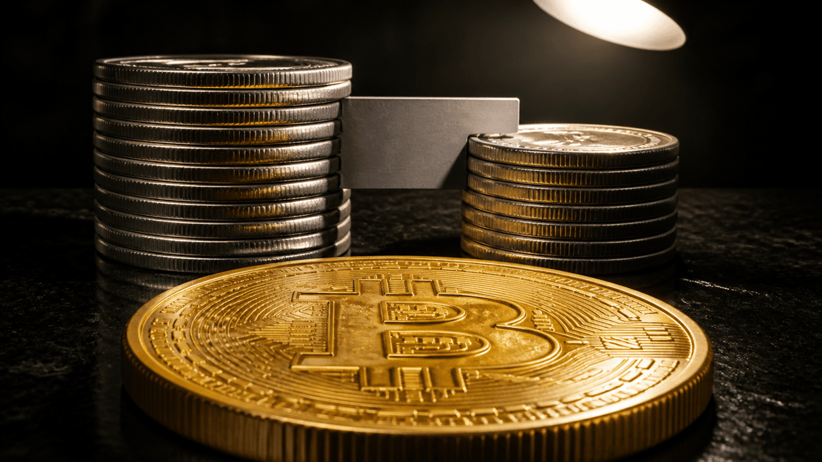 Zwei unterschiedlich hohe Silbermünzstapel auf schwarzem Granit, dazwischen eine Stahl-Fühlerlehre, die die Höhendifferenz ausmisst, davor eine Goldmünze mit Bitcoin-Zeichen
