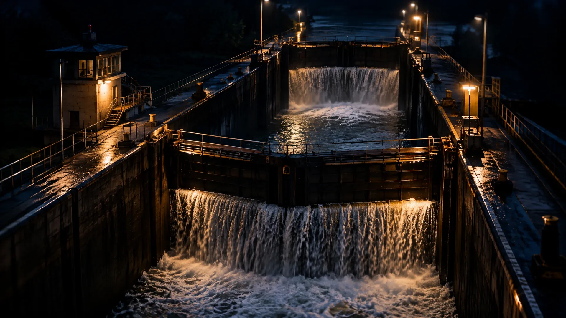 Doppelte Schleusenkammer eines Kanals bei Nacht, das Wasser fällt über zwei hintereinanderliegende Tore ab