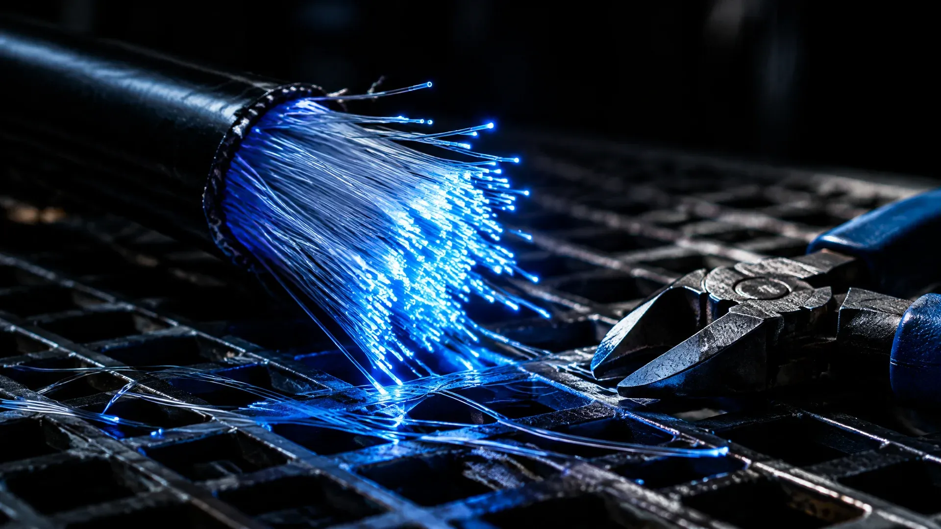 Durchtrenntes Glasfaserbündel mit blau leuchtenden Schnittflächen und einer Zange auf einem Metallgitterboden