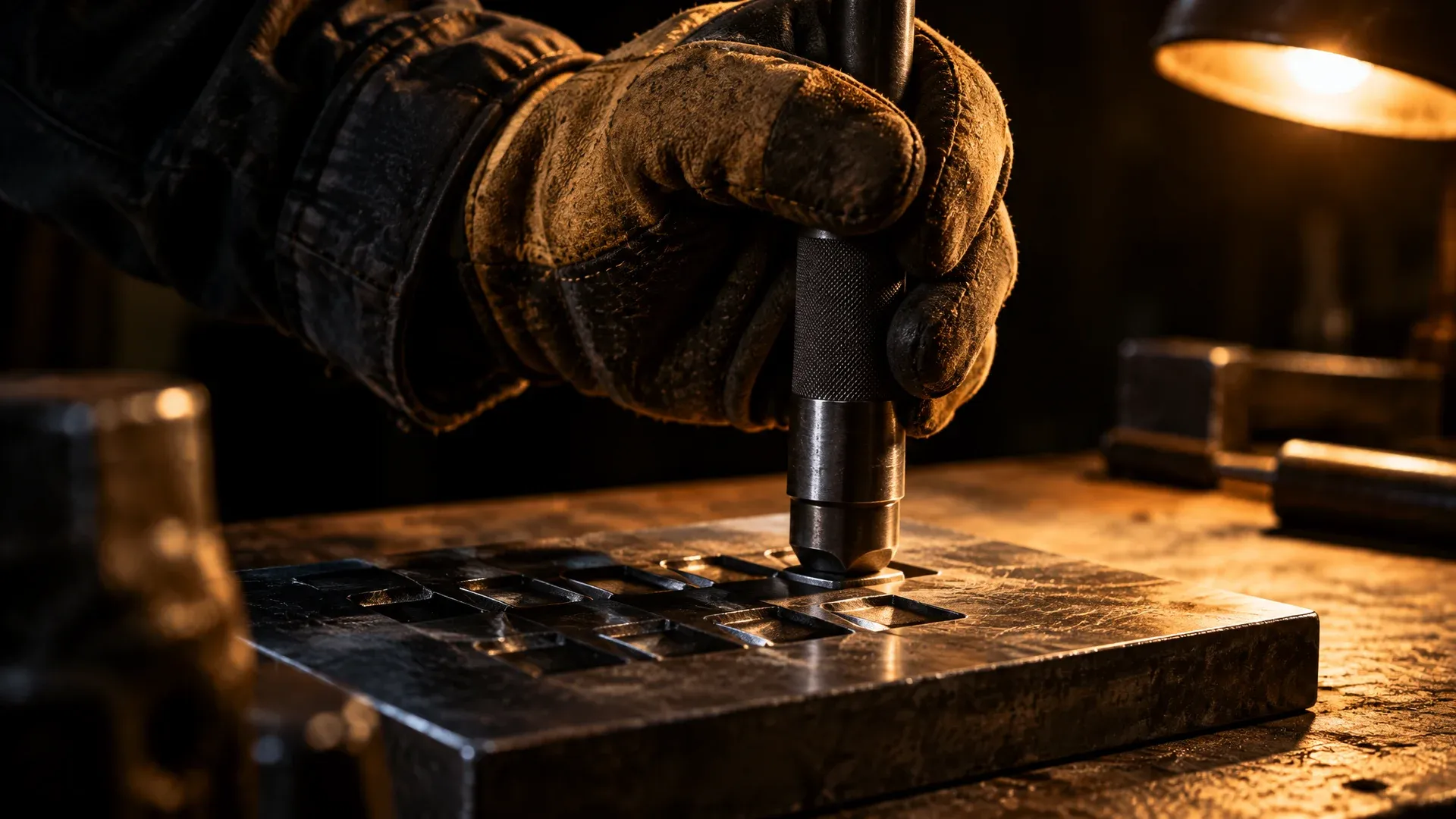 Hand in Arbeitshandschuh stanzt mit einem Prägewerkzeug Vertiefungen in eine schwere Metallplatte auf einer Werkbank