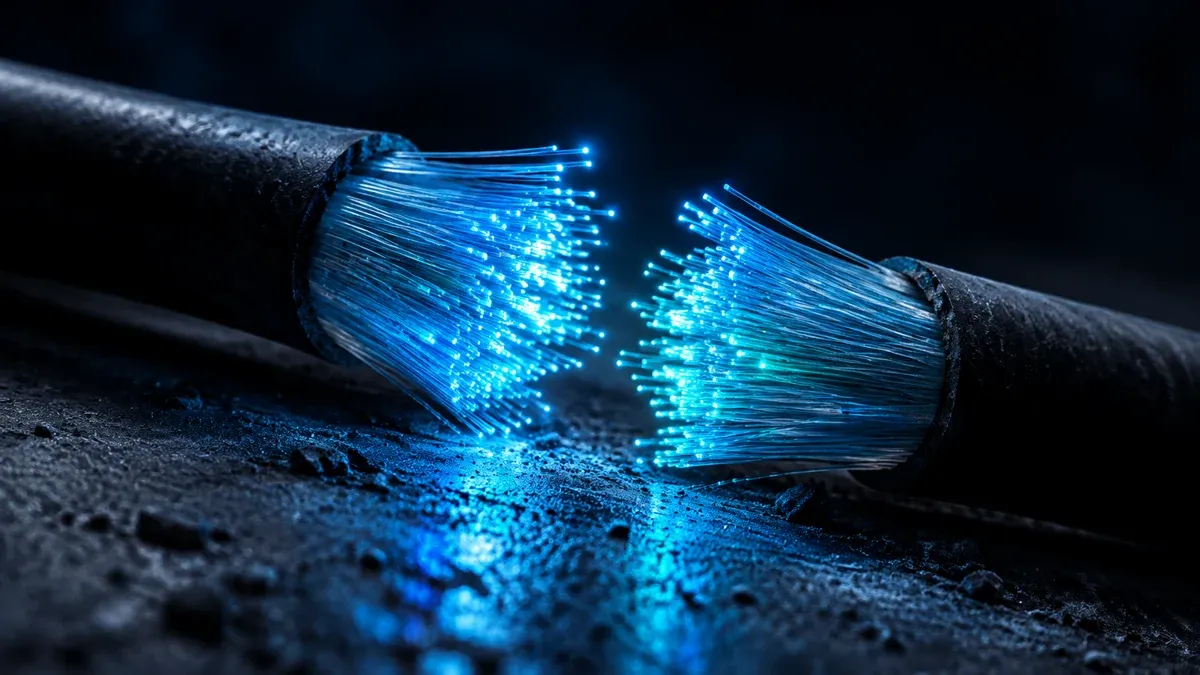 Mitten durchtrenntes Glasfaserbündel, dessen hunderte Einzelfasern an der Schnittfläche blau und türkis leuchten