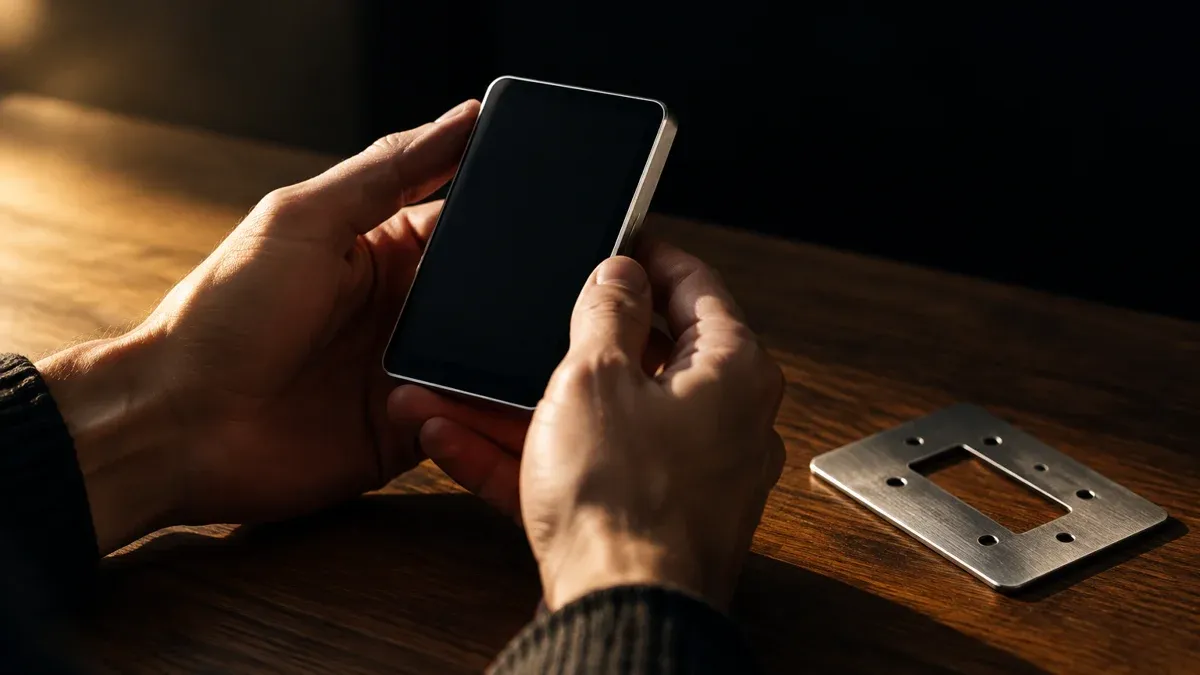 Zwei Hände halten ein kleines markenloses Hardware-Geraet mit dunklem Display über einer Holztischplatte, daneben eine gestanzte Metallplatte