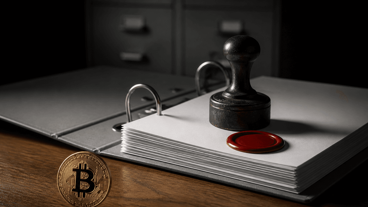 Aufgeschlagener Aktenordner mit leeren Blättern, schwerer Metallstempel und rotes Wachssiegel, davor eine Münze mit Bitcoin-Zeichen