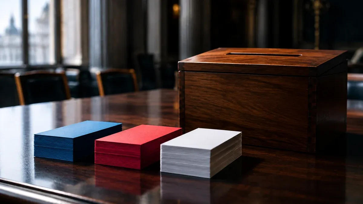 Stack of blue, red and white voting cards next to a wooden ballot box
