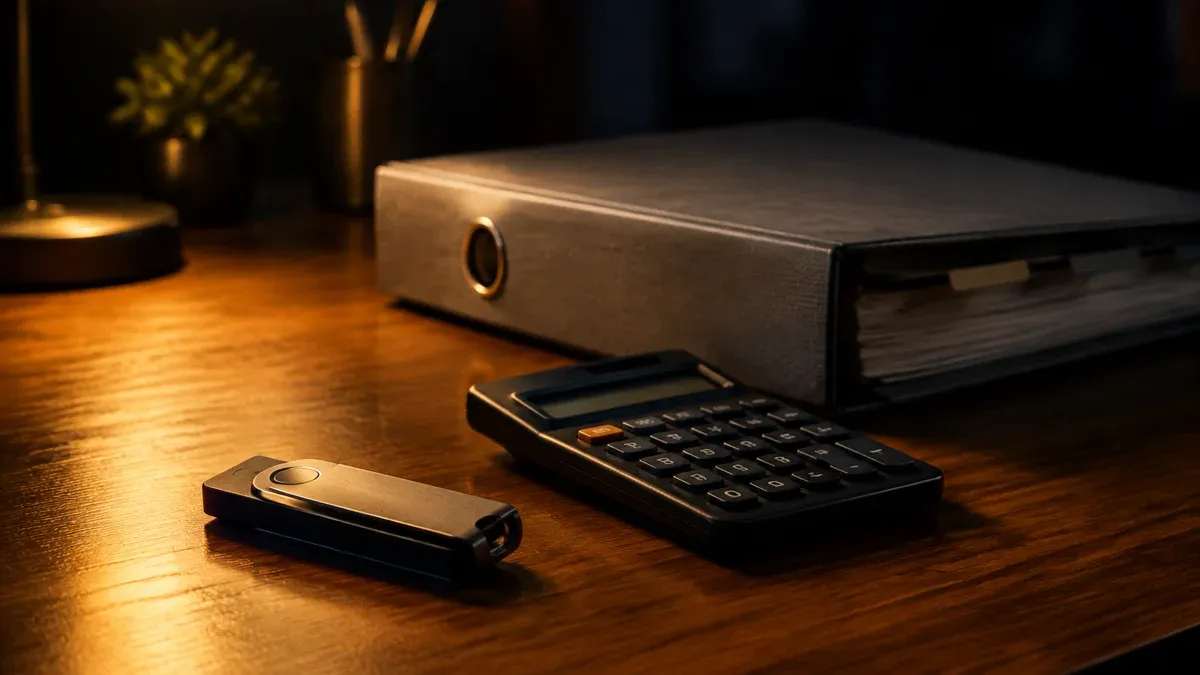 Hardware wallet, calculator and a folder of receipts on a desk under lamplight