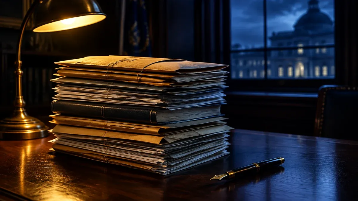 Stapel versiegelter Umschläge und gebundener Schriftsätze auf einem Schreibtisch im Lampenlicht