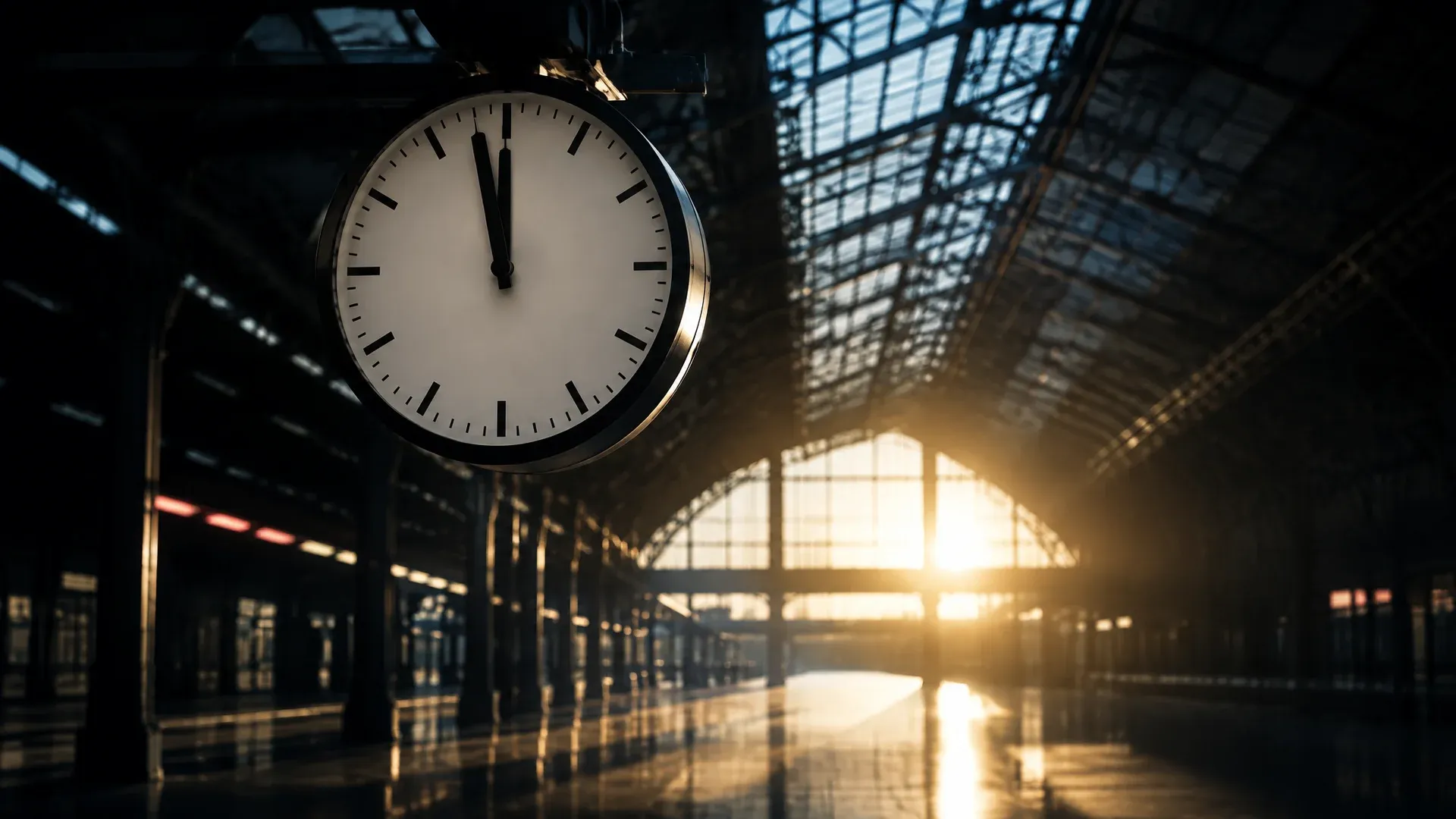 Large station clock without numerals under a steel-and-glass hall roof, hands just short of the full hour, empty hall backlit