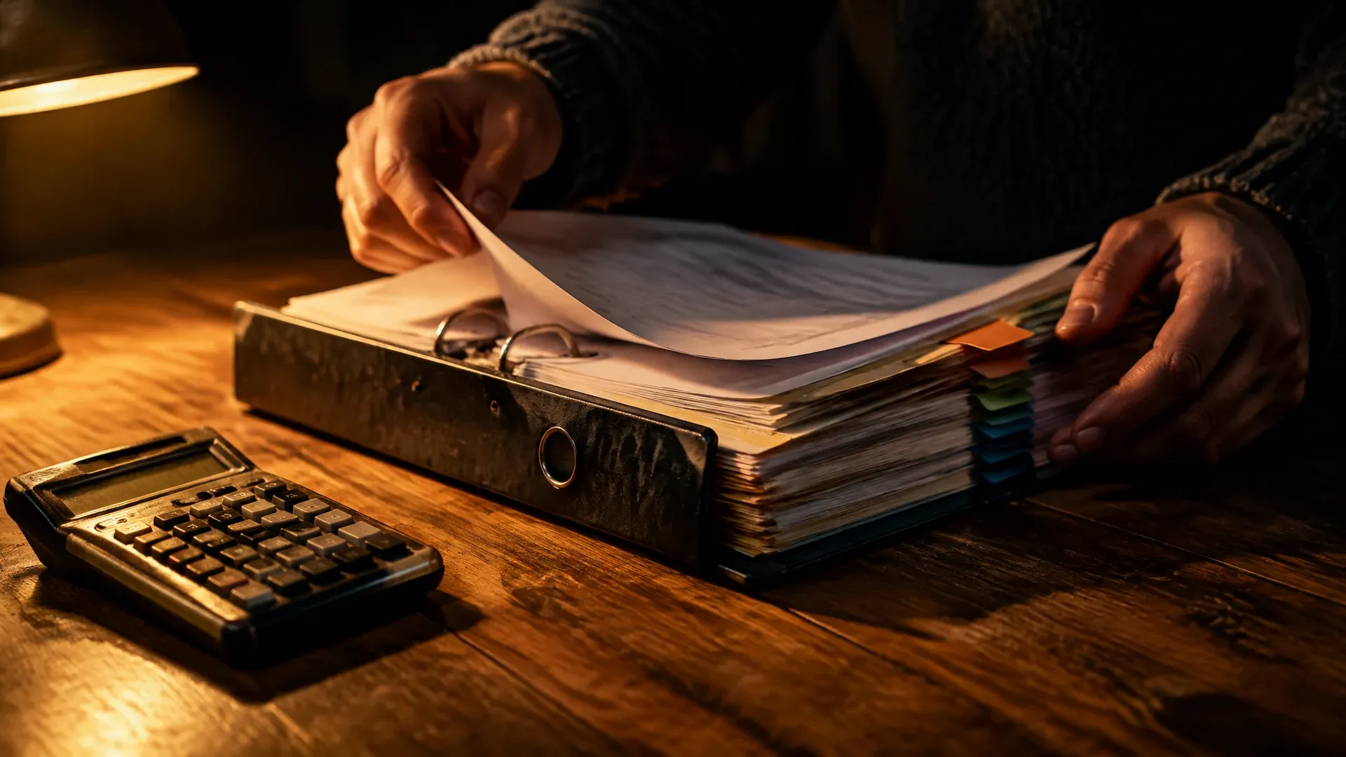 Open tax folder with index tabs and a calculator on a wooden table, two hands leafing through it