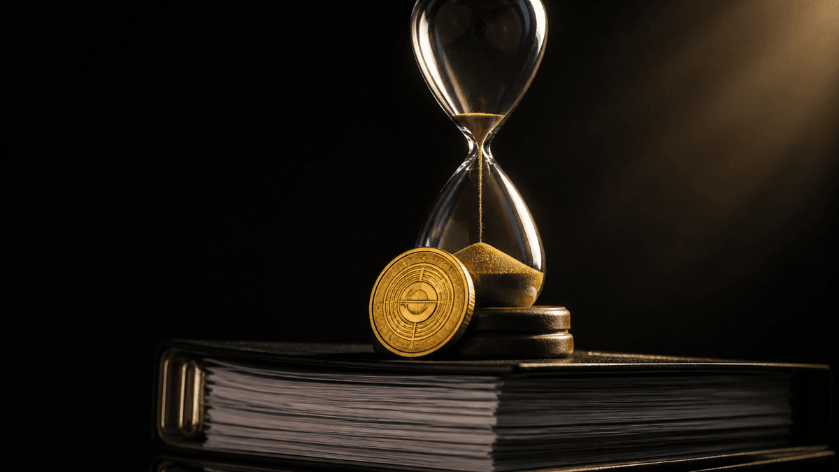 Gläserne Sanduhr mit fast durchgelaufenem Sand steht auf einem dicken Aktenstapel, davor lehnt eine goldene Münze hochkant am Sockel