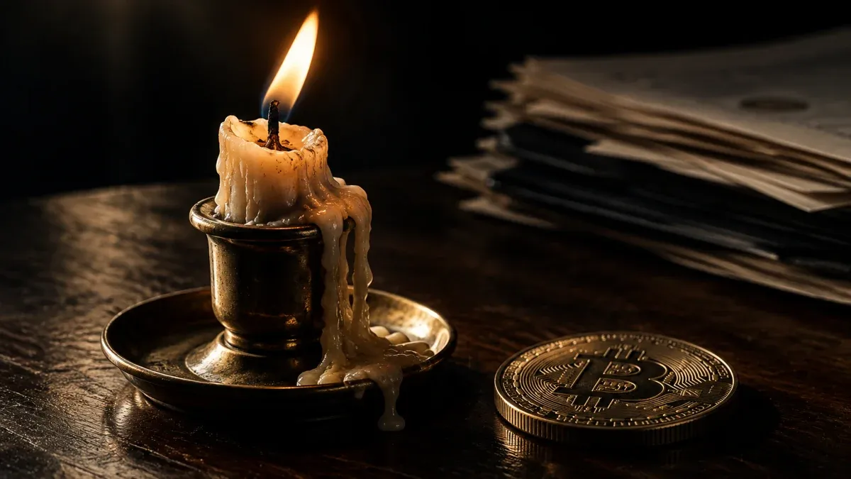 Burnt-down wax candle in a brass holder, next to it a coin stamped with the Bitcoin symbol