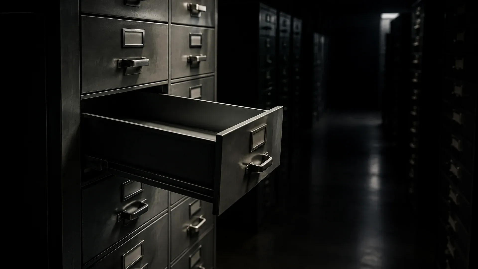 Hoher Karteikartenschrank aus mattem Stahl in einem dunklen Archiv, eine Schublade halb herausgezogen und innen vollkommen leer