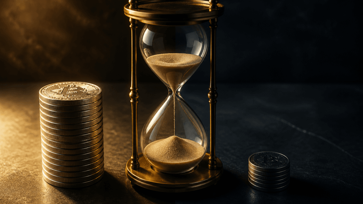 Messing-Sanduhr mit rinnendem Sand, links ein Münzstapel im warmen Licht, rechts ein kleinerer Münzstapel im kalten Schatten