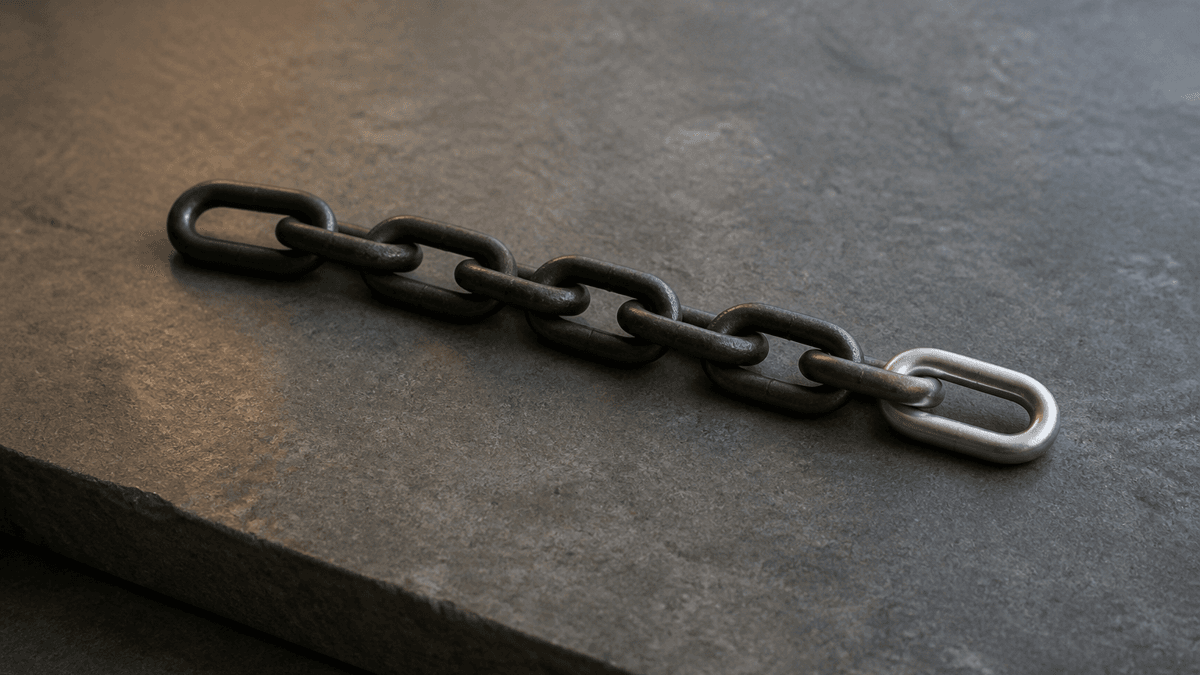 Kurze dunkle Metallkette auf einer Steinplatte, deren letztes Glied deutlich heller und neuer ist als alle uebrigen