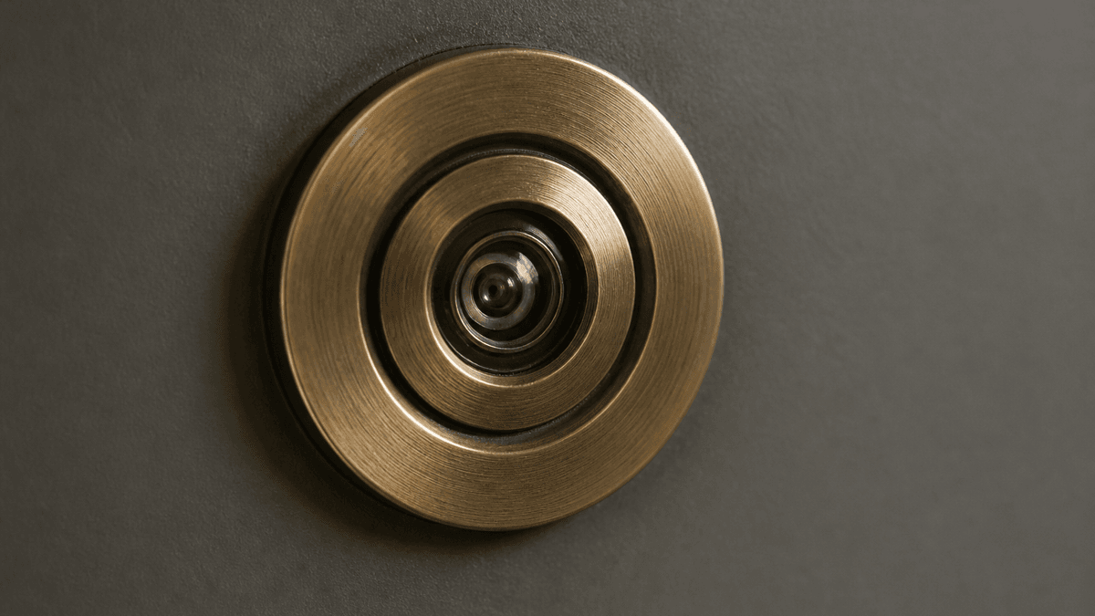 Messing-Tuerspion in einer glatten fensterlosen Metalltuer, von innen aus naher Sicht aufgenommen