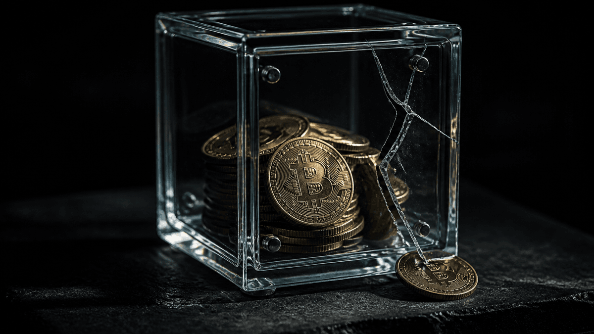 Cubo de vidrio a modo de pequeña caja fuerte con una pila de monedas, con una pared lateral agrietada y una moneda volcando hacia fuera por la rendija