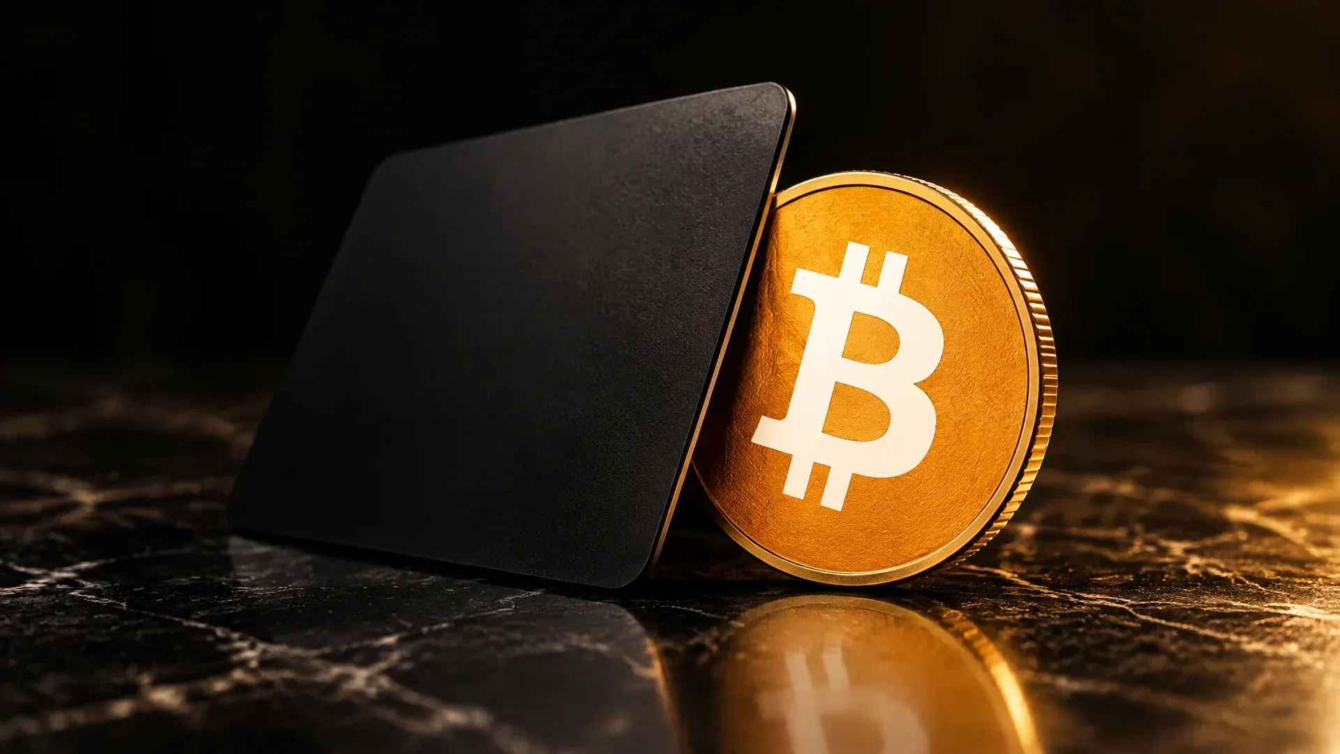 Zwarte betaalkaart naast een munt met het bitcoinsymbool, als beeld voor een crypto creditcard met cashback in bitcoin