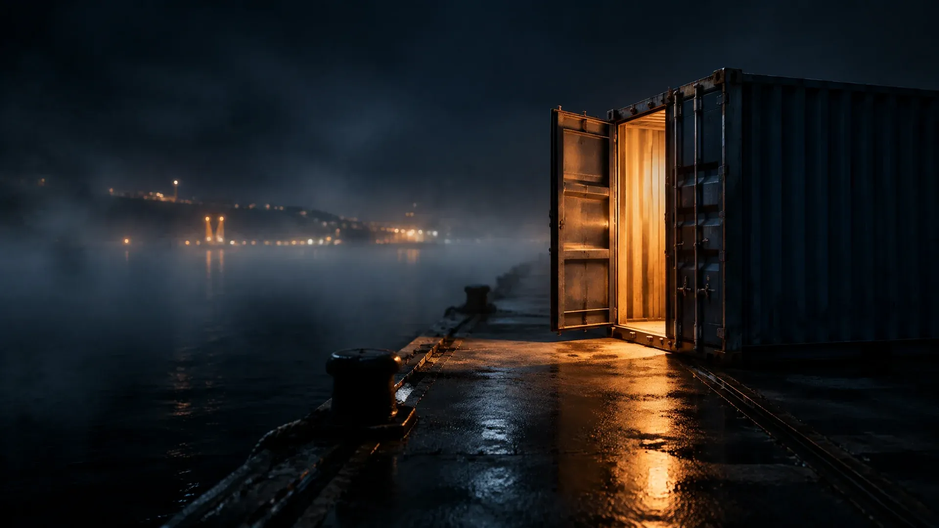 Leerer Hafenkai bei Nacht mit einem Frachtcontainer, aus dessen halb offener Tür warmes Licht fällt, Nebel über dem Wasser