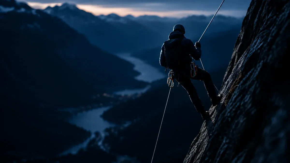 Silhouette eines Bergsteigers, der sich an einem gespannten Seil eine dunkle Felswand hinablässt