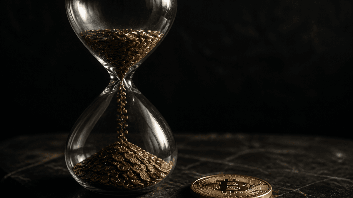 Glassanduhr, durch deren Engstelle goldene Münzen mit Bitcoin-Symbol statt Sand rieseln und sich unten häufen, daneben eine einzelne große Münze auf dunklem Stein