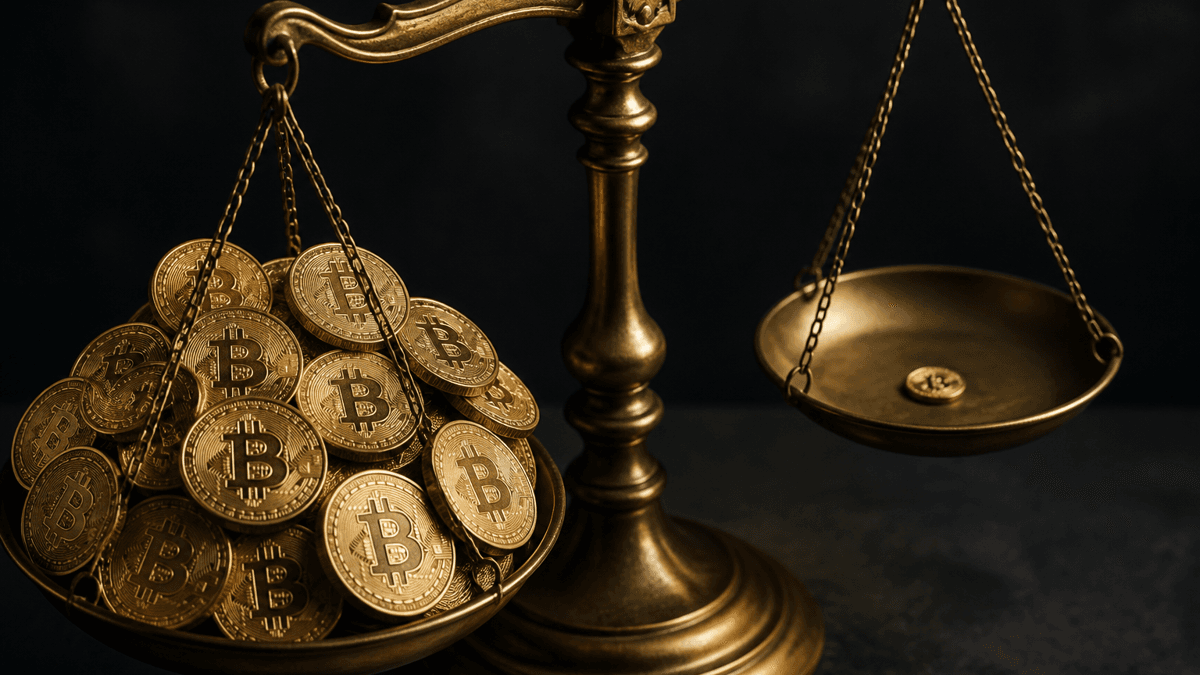 Antike Messing-Balkenwaage in Nahaufnahme: die linke Schale quillt über von goldenen Münzen mit Bitcoin-Symbol, die rechte Schale trägt nur eine einzige kleine Münze