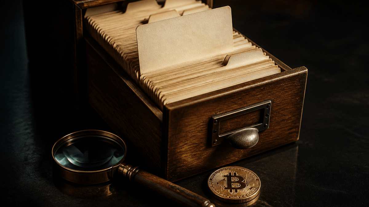 An opened wooden index card box with blank cards, in front of it a brass magnifying glass and a coin bearing the Bitcoin symbol