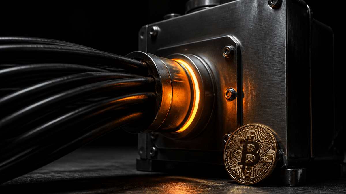 A bundle of thick black high-voltage cables running into a glowing metal distributor, with a coin bearing the Bitcoin symbol leaning in front of it