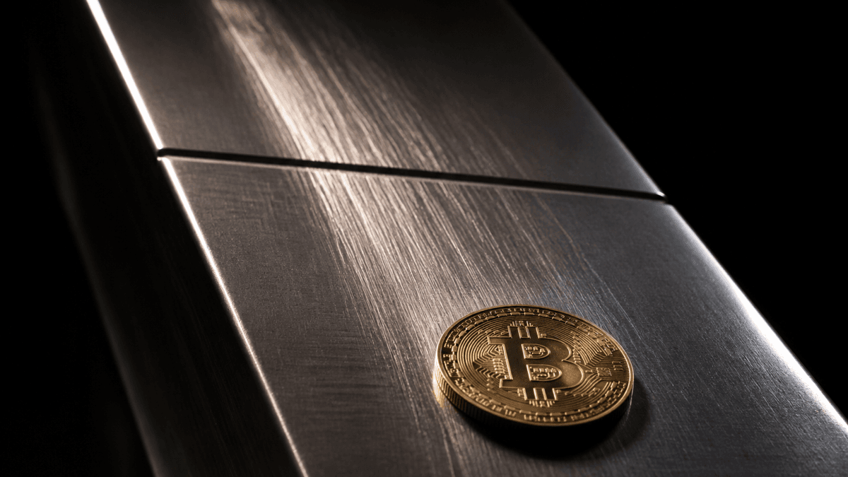 Münze mit Bitcoin-Zeichen ist auf einer geneigten Metallrampe über eine eingefräste Markierungsrille hinausgerutscht