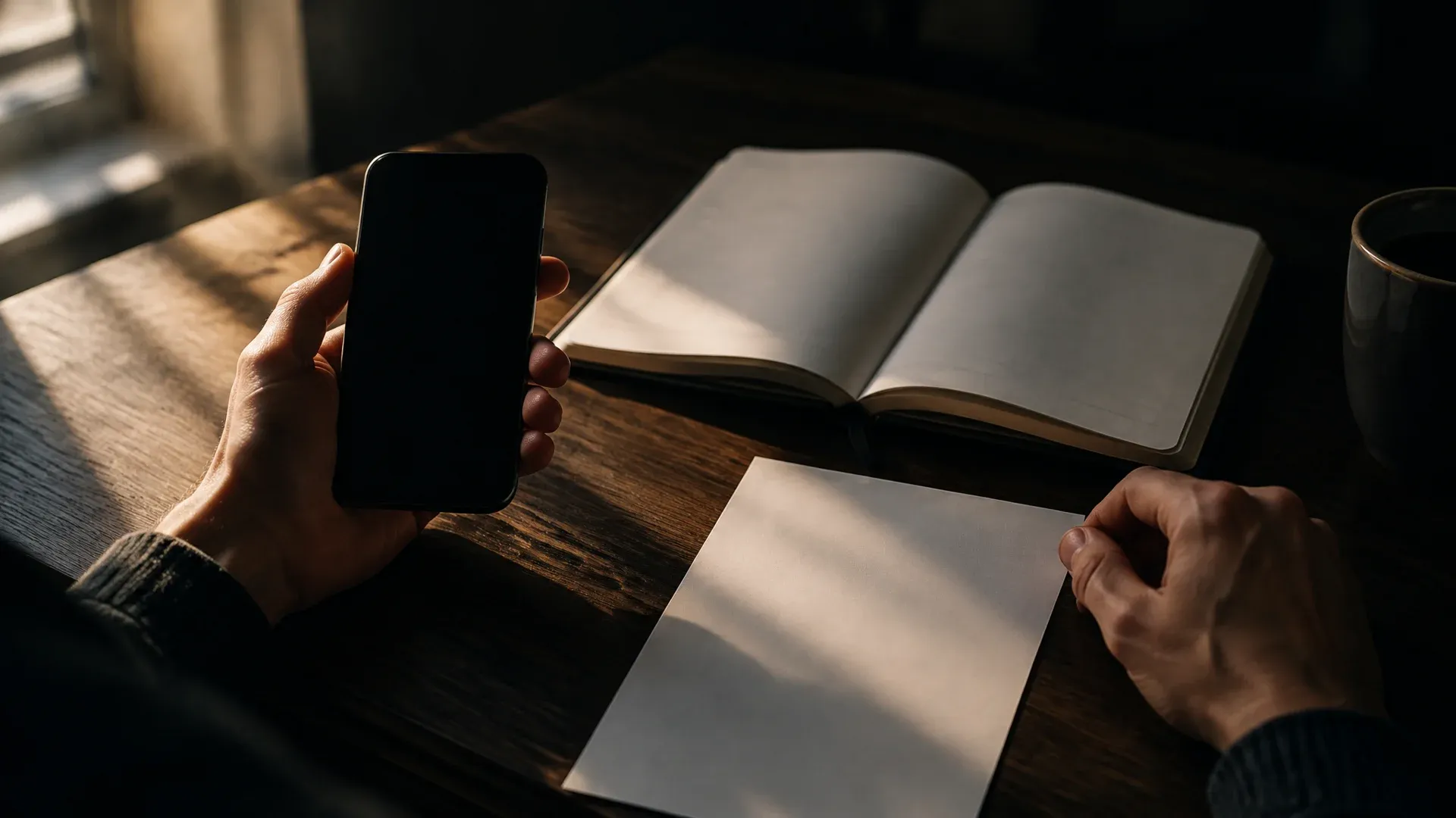 Zwei Hände an einem dunklen Holztisch, eine hält ein markenloses Smartphone mit schwarzem Display, daneben ein leeres Notizbuch
