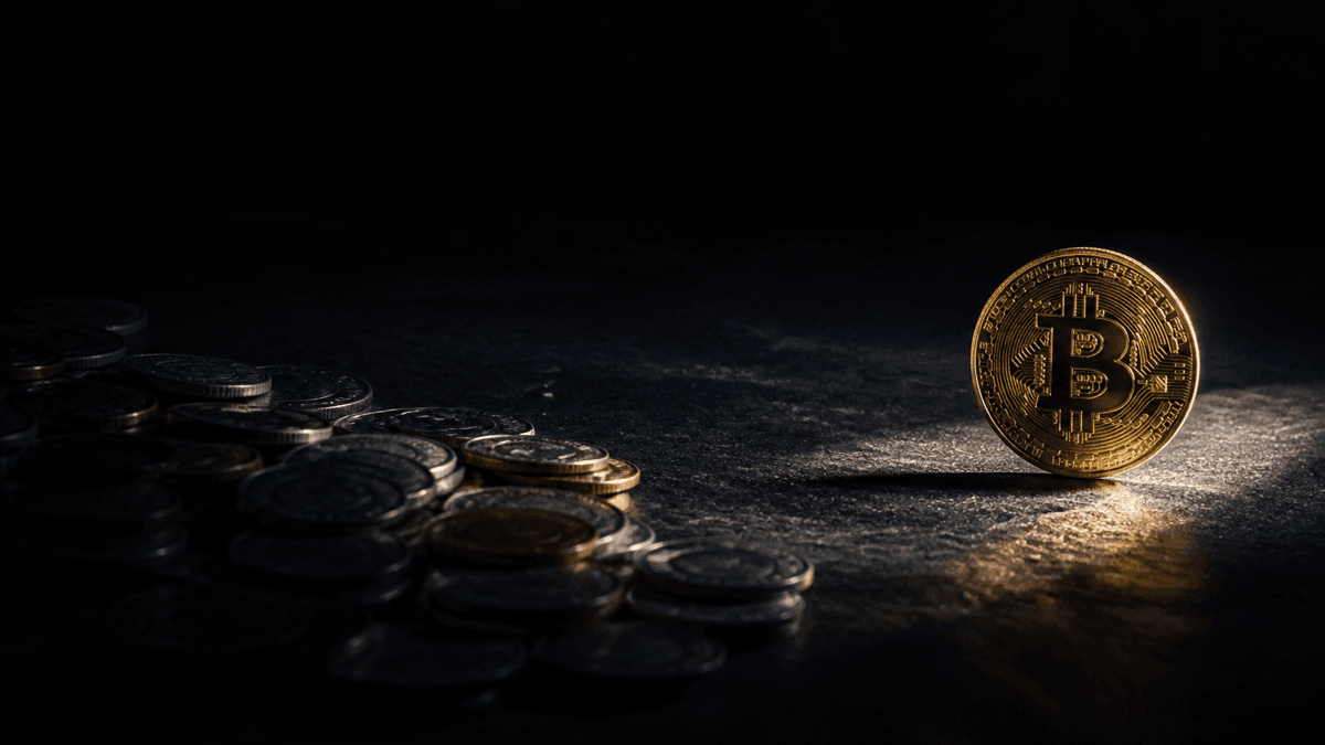 Eine dicht gedrängte Gruppe dunkler Münzen liegt im Schatten, eine einzelne Münze mit Bitcoin-Zeichen steht weit abseits im Lichtkegel