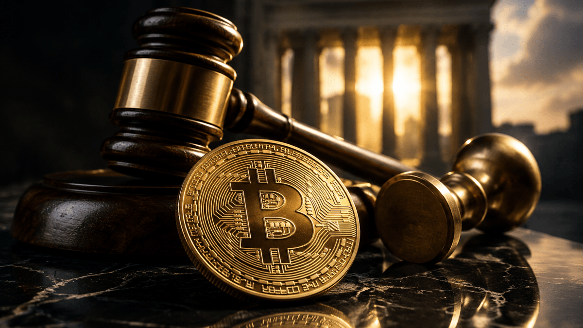 Wooden gavel and brass stamp on polished dark marble in front of a gold coin bearing the Bitcoin symbol, with a columned portico in the background