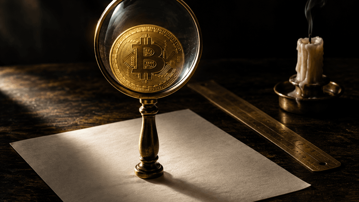 Large brass magnifying glass over a blank sheet of paper on dark wood, a gold coin bearing the Bitcoin symbol enlarged through the lens, with a ruler and an extinguished candle beside it