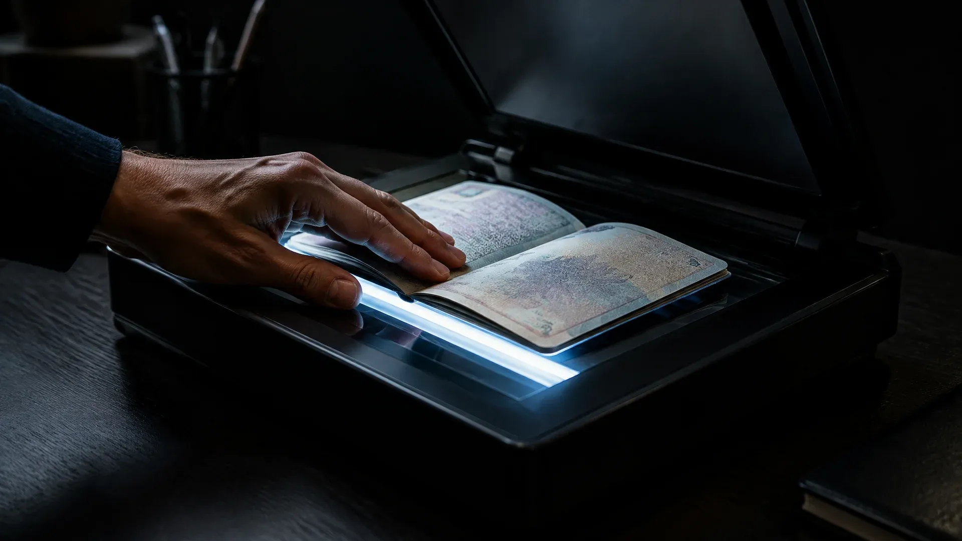 Eine Hand legt einen aufgeschlagenen Reisepass auf einen Flachbettscanner, dessen Lichtbalken unter dem Dokument entlangläuft