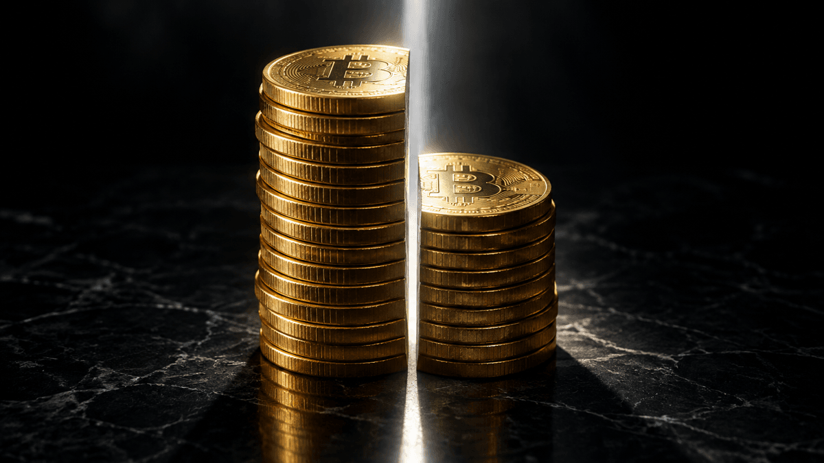 A stack of gold coins bearing the bitcoin symbol on a polished stone slab, split by a vertical shaft of light into two halves of unequal height
